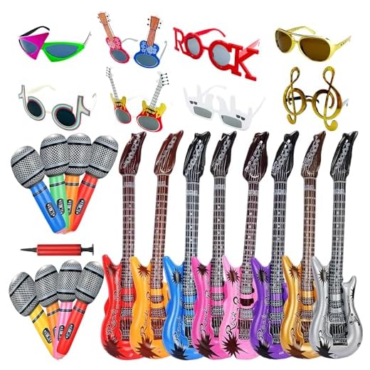 Large Rock Star Funny Sunglasses Set, Rock and Roll Party Funny Music Sunglasses, Inflatable Guitar Microphone for 70s, 80s, 90s, Music Party, Photo Booth Props for Carnival Rock and Roll Party