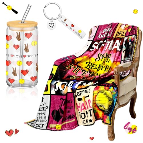 SmoothNovelty 3 Pcs Girls Softball Gifts Stuff Blanket Tumbler Keychain