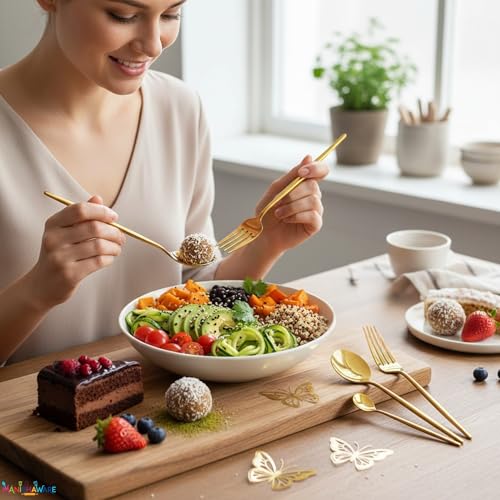 Image of Slim Handle Gold 24 Pcs Stainless Steel Cutlery Set for Dining Table, Dishwasher Safe Glossy Flatware (6 Spoon Set+6 Forks Set+6 Butter Knife+6 Dessert Spoon)