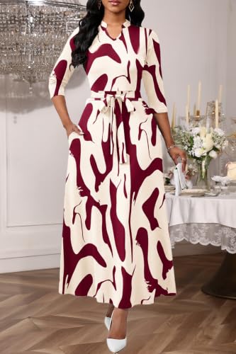 Image of BubFee Maxi Dresses for Women Semi Formal Long Dress 3 /4 Sleeve Casual A-line Church Dresses with Pockets