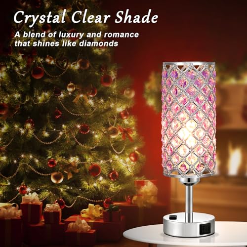 Image of Hong-in Crystal Lamps Set of 2, 3 Way Dimmable Touch Lamp with Crystal Shade, Bedside Nightstand Lamps for Living Room Bedroom Home Office(Purple)