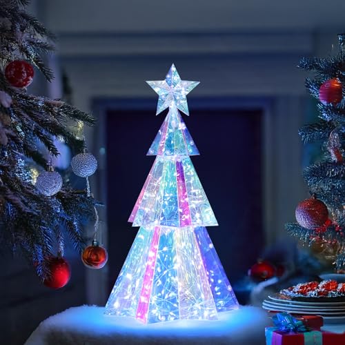 Holographic Christmas Tree 15 Inch Desktop Decoration Tree with LED Lights Prismatic Iridescent Christmas Tree Gift for Kids Girls Families Office Indoor Decorations