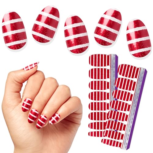 Color Street - Elf Stockings - Red & White Glitter Stripes, Real Nail Polish Strips, Festive Holiday Christmas Manicure - 16 Double-Ended Strips
