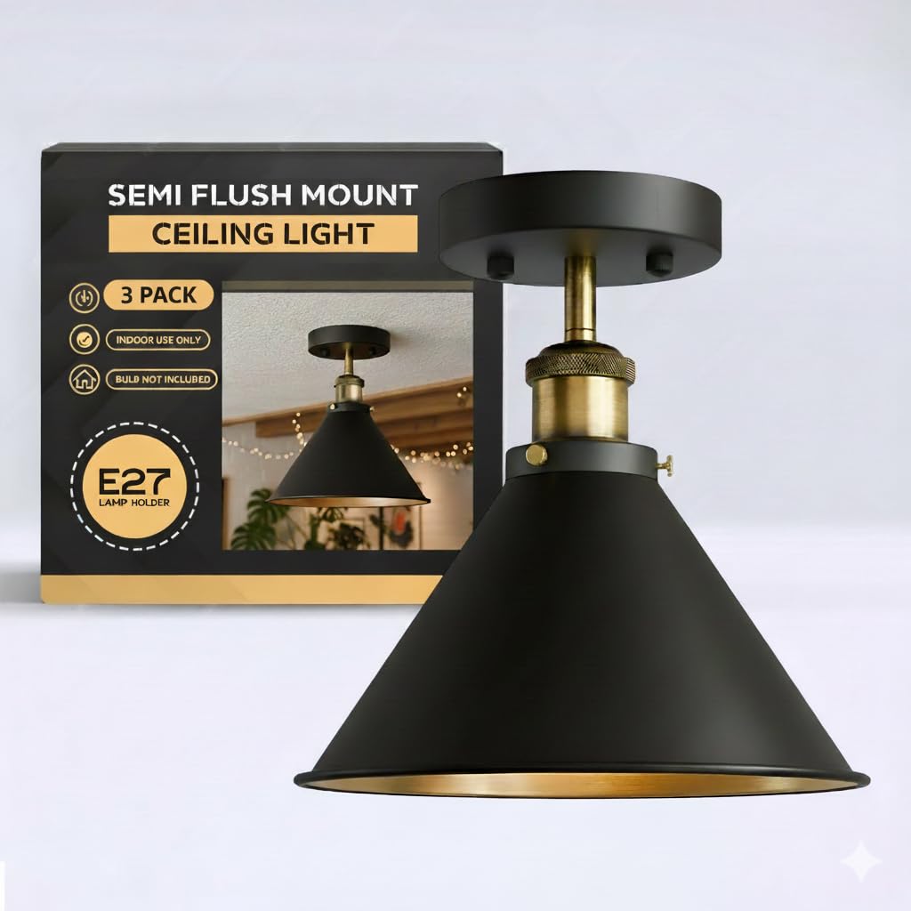 LEDSone Black Vintage Metal Cone Ceiling Light, E27 Industrial