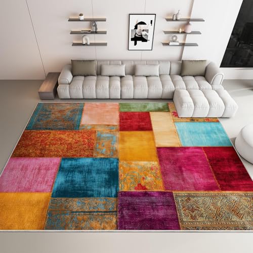 Tapis rétro abstrait 90x180 cm patchwork bohème fin et lavable - 3