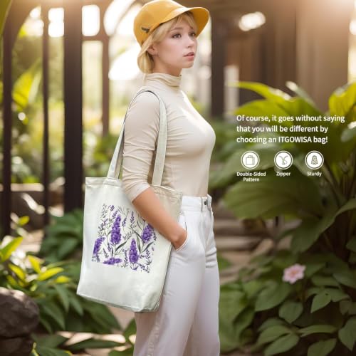 Image of itgowisa Canvas Tote Bag with Zipper Pocket, Reusable Grocery Bag for Daily