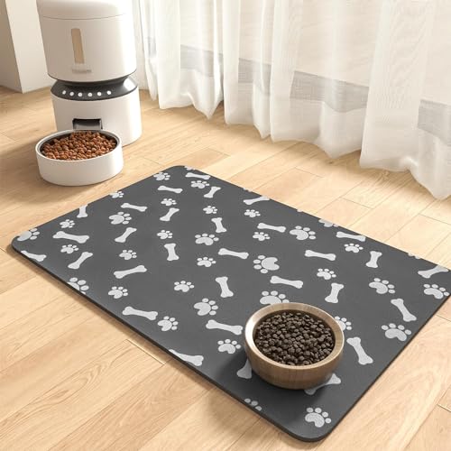 QIUKUN Pet Feeding Mat-Absorbent Dog Food Mat-Dog Mat for Food and Water-No Stains Quick Dry Dog Water Dispenser Mat-Pet Supplies-Dog Placemat Dog Water Bowl for Messy Drinkers 12"X19" Dark Grey
