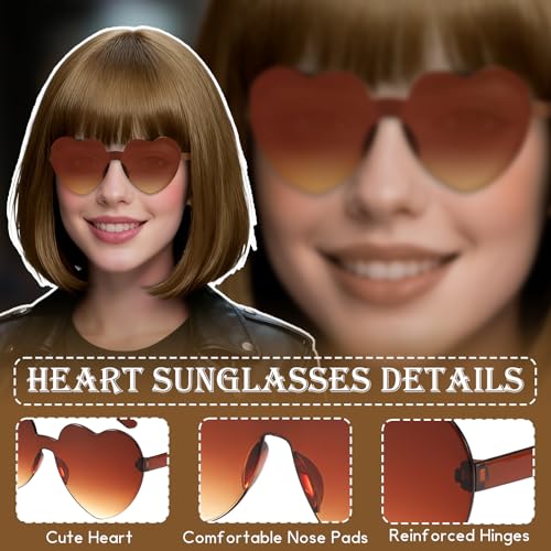 Image of PLULON Light Brown Short Bob Wig with Bangs for Women, Colorful Neon Short Bob Synthetic Hair Wigs with Hair Cap Heart Sunglasses for Adults Daily Bachelorette Halloween Costume Party Supplies