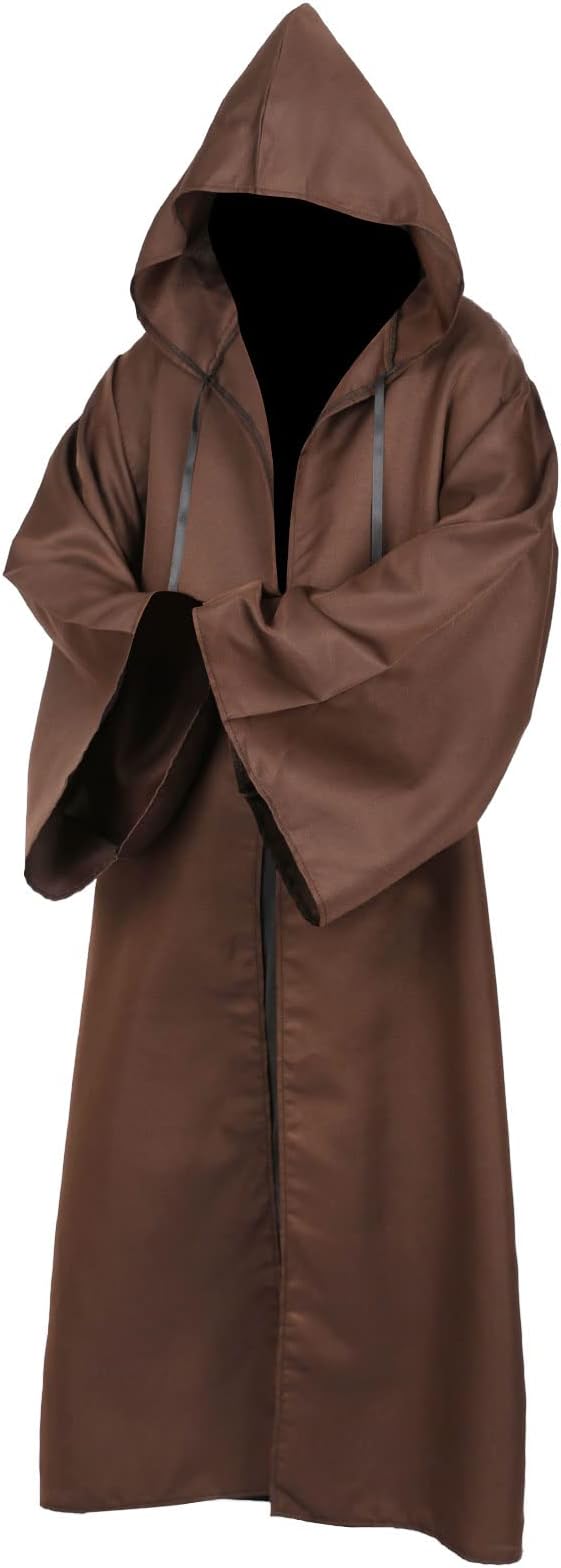 SINSEN Adult Jedi Costume 4PCS SW Obi Wan Hooded Robe Cloak Kenobi Top Pant Belt Cosplay Uniform Set for Halloween Party Men Black Brown