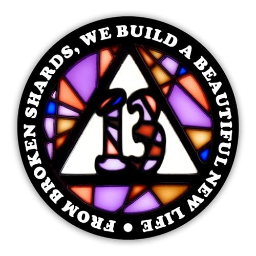 Image of Stained Glass 13 Year AA Chip Sobriety Coin Medallion, Fragments to Freedom Alcoholics Anonymous Addiction Recovery Anniversary Token, Inspirational Sober Gifts for Men and Women by the Token Shop