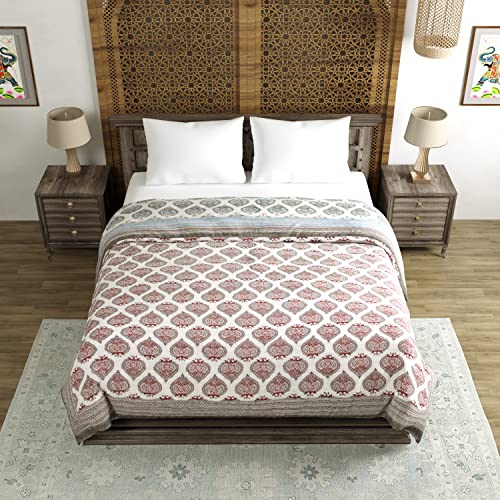 Image of BLOCKS OF INDIA Hand Block Printed Cotton King Size Quilt (90 Inch X 108 Inch) (King Quilt Grey Motifs), 300 TC