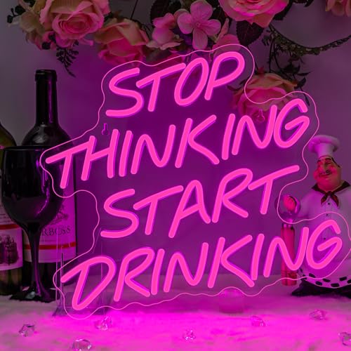 DREAMFORT Stop Thinking Start Drinking Neon Sign Pink Led Neon Signs Letter Neon Lights Neon Bar Signs for Wall Decor USB Light Up Sign Neon for Home Bar Man Cave Party Club Restaurant