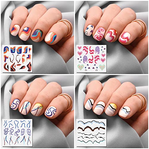 Hinzic 16 Sheets Stripes Nail Art Stickers 48 Styles Water Transfer Nail Stickers Heart Wave Rainbow Nail Decals For Nail Art Watermark Geometric Nail Art For Acrylic Nails Valentines Day Gift For Women French Nail Design #TOP4