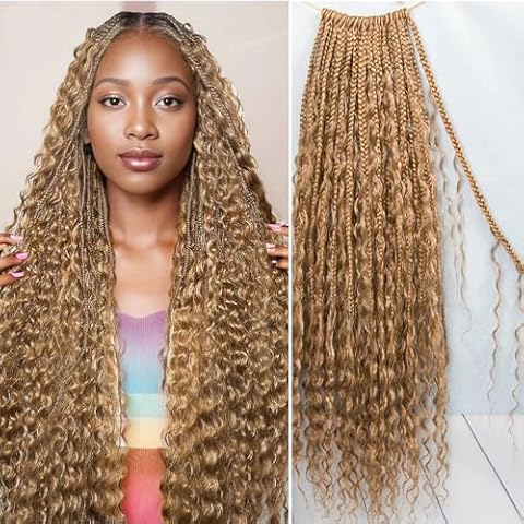 27# Honey Blonde Crochet Boho Box Braids with Human Hair Curls Pre-looped Crochet Hair Synthetic Braid Hair 24in 80Strands Cover