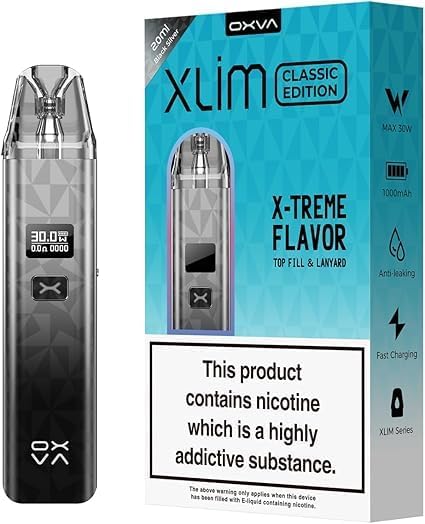 OXVA Xlim Classic Vape Kit - 2ml E-cigarette Starter Vape Kit,1000mAh Battery, 30W, 0.42inch OLED Screen, Adjustable Airflow, No Nicotine (Black Silver)