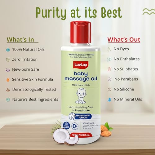 Image of LuvLap Baby Massage Oil with Almond, Virgin Coconut Oil & Vitamin E, Deep Nourishing, Skin Repair & Relaxation, Ayurvedic Non-Sticky Oil for Soft New Born Skin, 100% Natural, Derma Safe, 100ml
