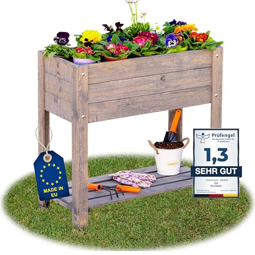 ITA Hochbeet aus Holz 80x37x78 cm - Pflanzkasten mit Ablageboden & Innenfolie - Made in EU - Direkt vom Hersteller - FSC Kiefernholz - Pflanzbeet Blumenkasten für Garten Balkon Terrasse - Grau