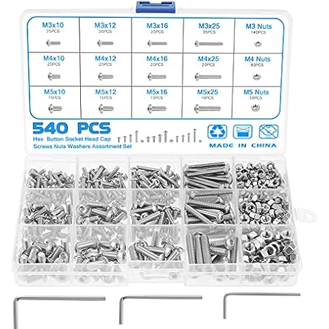 Booramy 540pcs Bolts and Nuts Set M3 M4 M5 Stainless Steel Hex Socket Button Head Cap Screws Bolts Nuts Assortment Kit with 3pcs Allen Wrenches Cover