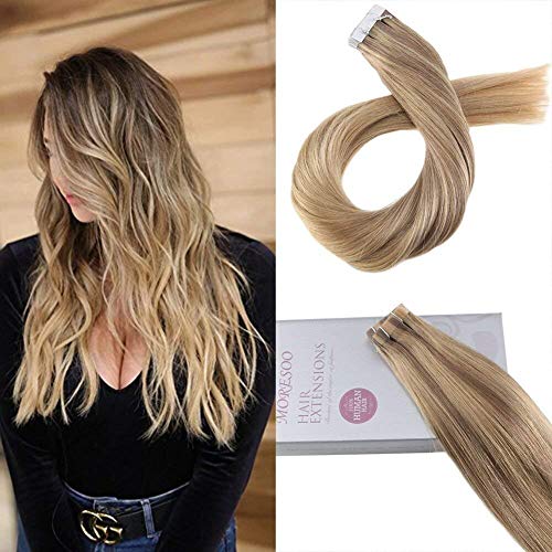 Moresoo 20inch Human Hair Tape in Extensions 50G Glue in Remy Hair Extensions Color #10 Brown Fading to Blonde Highlighted with #16 Invisible Tape in Hair Extensions 20pcs Per Pack