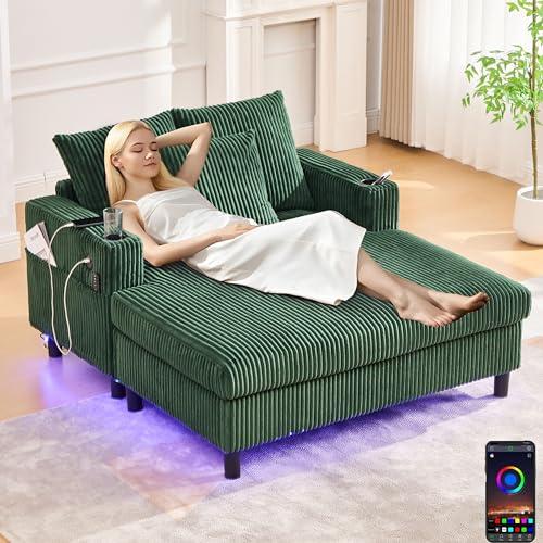 Zepneiy Sofá chaise longue con función de sueño, muebles tapizados con USB y LED, muebles de salón con soportes laterales para bebidas, sofá cama para salón, dormitorio, villa, esmeralda