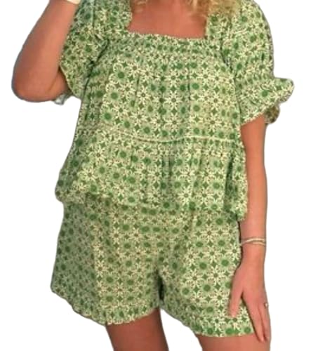 Image of ROAONOCOMO Women Floral Pajama Set Ruffle Puff Sleeve Peplum Shirt Coquette Pj Set Bow Babydoll 2 Piece Shorts Outfit