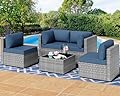 Shintenchi 5 Pieces Outdoor Patio Furniture Sets, Patio Sectional Sofa Couch, Gray PE Wicker Furniture Modular Patio Conversation Sets Patio Sofa with Washable Cushions & Table?Aegean Blue?