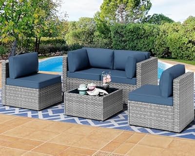 Shintenchi 5 Pieces Outdoor Patio Furniture Sets, Patio Sectional Sofa Couch, Gray PE Wicker Furniture Modular Patio Conversation Sets Patio Sofa with Washable Cushions & Table?Aegean Blue?