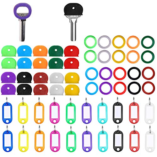 Key Caps Tags Covers Set Plastic Key Tag with Split Ring Label Window Key Identifier Rings Universal Key Covers Key Caps Labels for Key Organization 10 Colors 3 Styles 60 Pieces