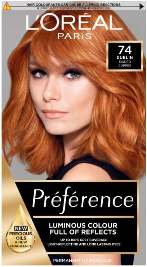 L'Oreal Paris Permanent Hair Dye, Preference 74 Dublin, 100% Grey Coverage, Long Lasting, Luminous Hair Colour with Anti-Brass Purple Mask, Luminous Reflects, Pack of 1