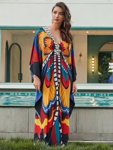 Image of sunforyou Kaftan Dresses for Women Plus Size Lightweight Swimsuit Cover up Batwing Sleeve Print Loungewear Beach Robe