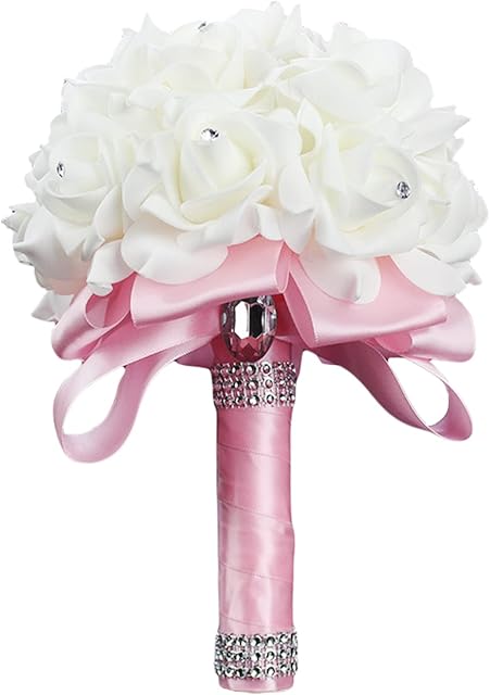 Wedding Bouquets for Brides Bridesmaids Artificial Flower with Ribbon Wedding Bride Holding Roses (Pink, 18cm*24cm)