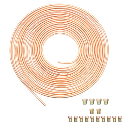 Twilight Garage Car Brake Pipe 32.8FT 3/16 Copper Coated Tubing Set with16 Nut Fittings (10M) for Hydraulic Fuel Transmission System