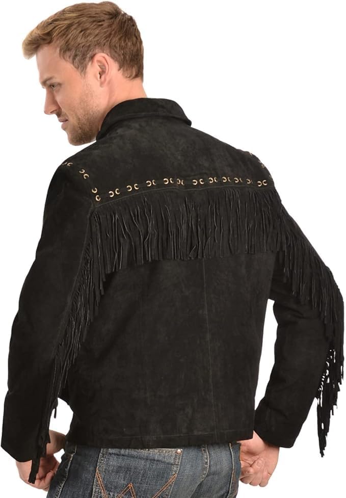 Western Cowboy Suede Jacket Men Traditional Buckskin Native American Beaded Brown Real Leather Fringe Jacket - Image 2
