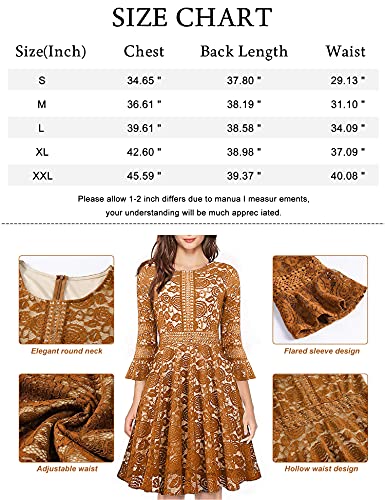 Women's Vintage Full Lace Bell Sleeve Big Swing A-Line Dress Mustard Medium - Thumbnail 6