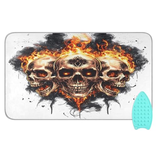 pnyoin Portable Ironing Mat Skulls in Flames Symmetrical Travel Ironing Pad with Silicone Iron Rest for Steam Pressing on Tabletop or Bed Heat Resistant Portable Quilting & Travel Blanket