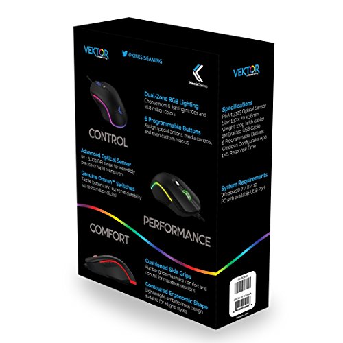 Kinesis Gaming Vektor Rgb Mouse - Wired Adjustable To 5000 Dpi - 6 Programmable Buttons - Dual-Zone Rgb Lighting - Contoured Shape And Rubber Side Grips #TOP7