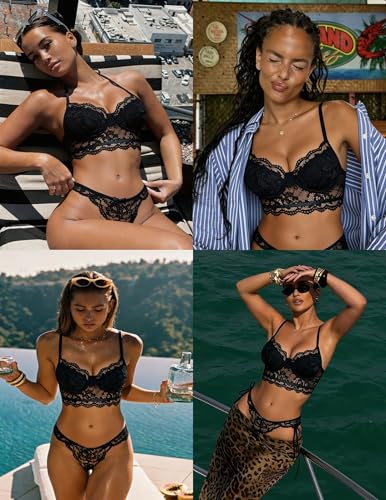 Image of Avidlove Lingerie for Women Lace Strappy Underwear V Neck Bra and Panty Sets 2 Piece Bralette Outfits