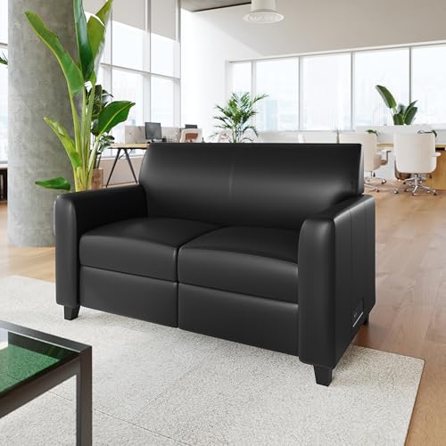 Image of Flash Furniture LeatherSoft Reception Loveseat with Charging Station, Black | USB-C Port, AC Outlets, USB Ports
