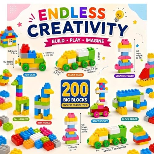 YORIXO Building Blocks Set for Kids, 200 Blocks | Fun DIY Toy for Kids |Educational & Creative Learning Toy | Puzzle Assembly Shapes | Durable, Multicolored.