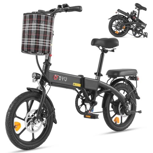 Image of DYU 16" Folding Electric Bike, 250W Motor, 36V 7.5Ah Battery, 60KM Range, Height Adjustable, Commuter City Electric Bicycle with LED Display, Disc Brakes & Front Basket, E-Bike for Adults and Teens