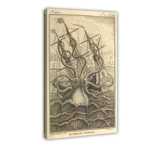 Impression Toile Le Poulpe Colossal pour Déco Cabinet de Curiosités Gravure Marine Cadre Bois