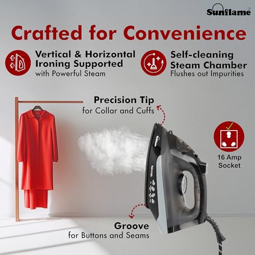 Image of Sunflame 1600 Watt Steam Iron with German Weilburger Non-Stick Coating | Large 220 ml Water Tank | High Steaming Rate I Self Cleaning | Vertical and Horizontal Ironing | 2 Year Warranty by Sunflame