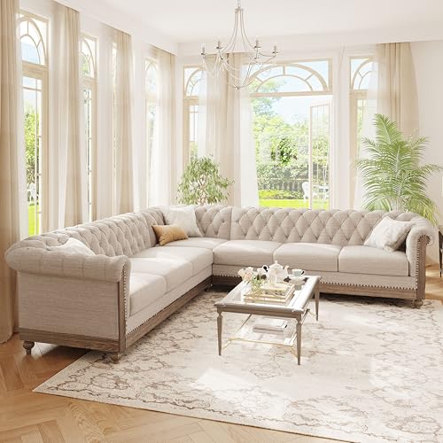 Image of Merax Chesterfield Sofa, Retro Upholstered 6 Seater Rolled Arm Couch for Living Room Bedroom Office, Beige
