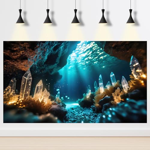 Image of Aquarium Background Under Water Cave with Crystal Terrarium Backdrop Cave Style Rock Sunlight Rays Fish Tank Background Reptile Habitat Backdrop Wallpaper Poster Decor Vinyl 72x18in