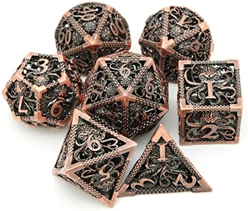 Dungeons and Dragons Dice D&D dice Set Hollow Polyhedral Octopus Metal Dice Suitable 7Pcs Set for Dungeons and Dragons RPG MTG Table Games D&D Pathfinder Shadowrun and Math Teaching (Ancient Bronze)