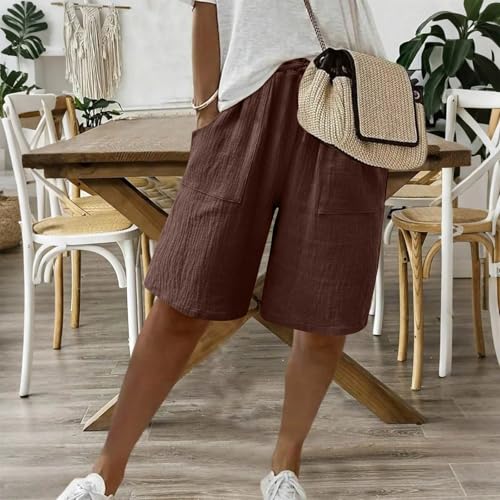 Linen Capri Pants for Women Lightweight Elastic Waist Capris with Pockets Drawstring Knee Length Summer Beach Shorts2