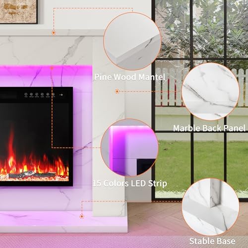 60 Inch Electric Fireplace with Mantel, Replaceable 42”Fireplace Insert Heater, 3D Realistic Log and Flame Effect, Timer, White Marble Finish for Living Room Bedroom - Thumbnail 5