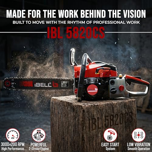 Image of iBELL IBL 5820CS Gasoline Chainsaw 58CC 2-Stroke Engine | 18-Inch (458mm) Guide Bar Petrol Chainsaw | 2.5KW Power Output | Automatic Fuel Mixing System | Stopping Switch & Petrol Indicator