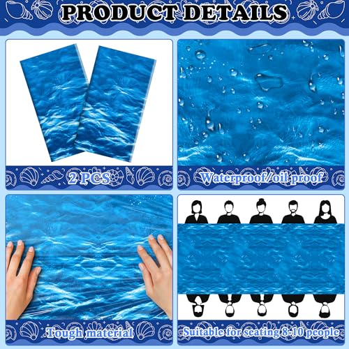 Image of OHOME 2 Pack Beach Party Decorations - Ocean Waves Plastic Tablecloth for Pool Party Decorations - Sea Water Print Table Cover for Summer Birthday Beach Theme Blue Backdrop Banner