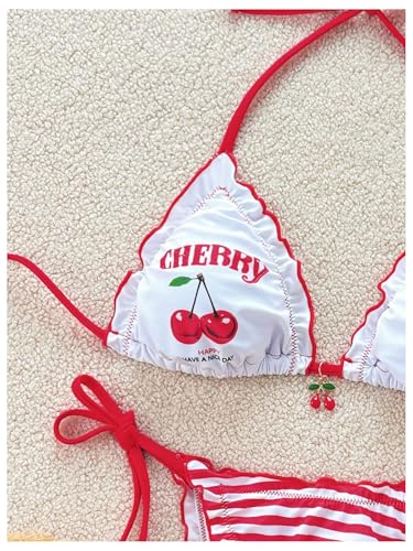 Verdusa Women's 2 Piece Colorblock Halter Triangle Bikini Sets Cherry Striped Ruffle Tie Back Holiday Swimsuit3